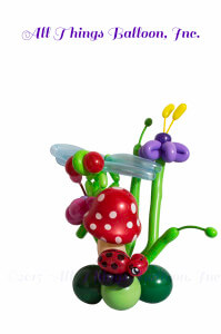 balloon decor - balloon centerpiece with balloon mushroom, dragon fly and lady bug