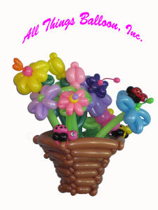 balloon decor - balloon basket with balloon flowers and balloon lady bugs Easter; Valentine's day